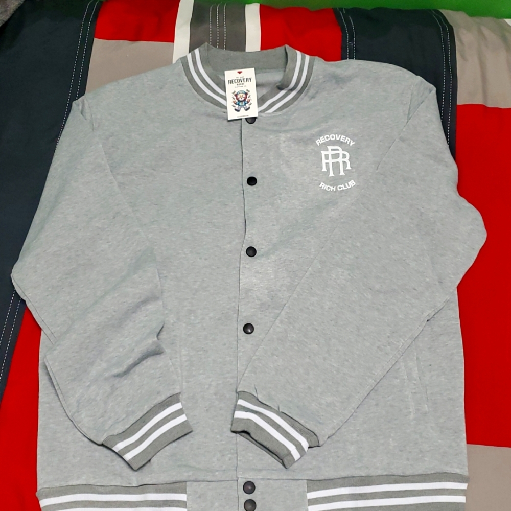Baseball varsity jacket- Recovery Rich "The Hope Made Me Do It" Gray/white